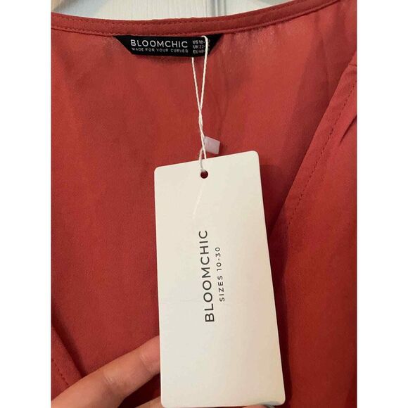 NWT Rust Colored Embroidered Lantern Sleeve Pocket Flutter Hem Dress Size 18-20 - Picture 2 of 4